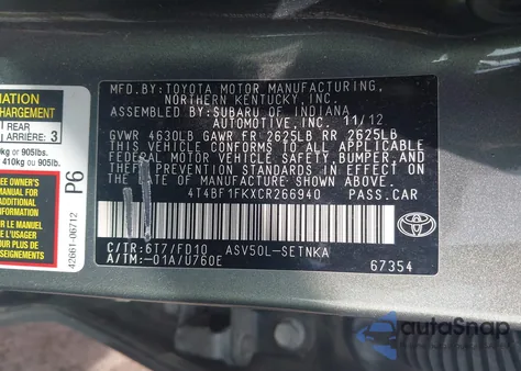 2012 Toyota Camry Le из США, поврежденный, VIN 4T4BF1FKXCR266940